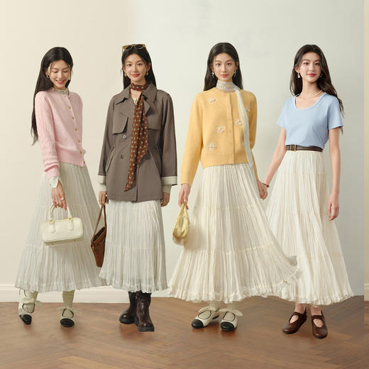 【严选】诗凡黎浪漫碎褶A字半身裙2026春新款轻盈飘逸蛋糕裙氛围感中长裙7H1440311 商品图1