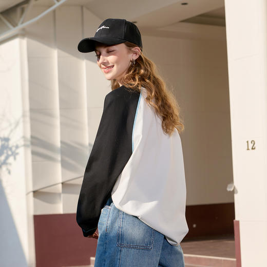 【100棉】三彩2026春季新款慵懒休闲花朵字母T恤套头插肩袖宽松M 商品图2