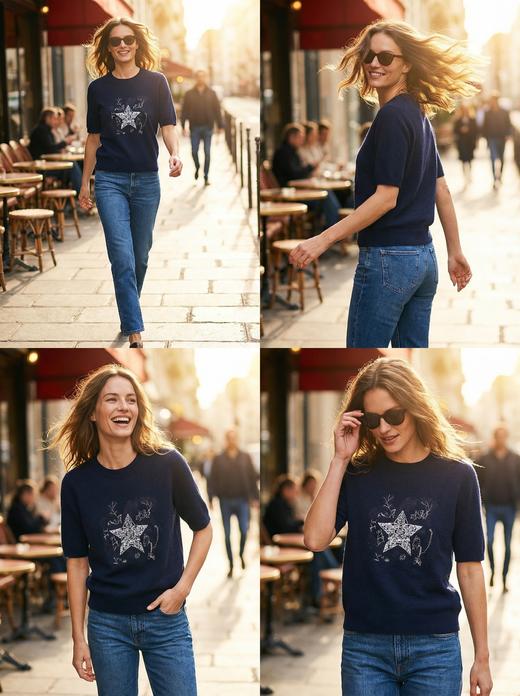 【咕咕同款】KINGDEER/KD女式简约高级感刺绣短袖羊绒衫L805512轻运动/花朵/休闲款鹿王 商品图2