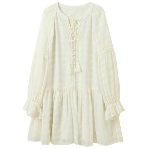 三彩2026春季新款法式系带V领提花雪纺裙A字裙短裙连衣裙浪漫M 商品图4