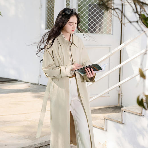 三彩2026春季新款宽松长款风衣外套长袖单排扣开衫通勤气质S 商品图3