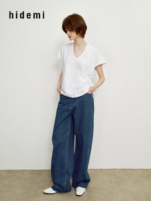 hidemi副线小h V领百搭小飞袖短袖T恤 商品图6