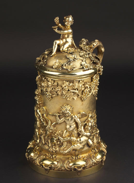 独角鹿西洋古董1830-1840年代英国著名银器工坊Storr & Mortimer签名出品幼年巴克斯主题银鎏金精雕带盖啤酒杯 商品图0