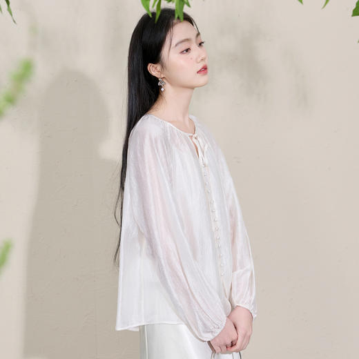 三彩【清风明月】2026春季新款新中式醋酸小衫系带宽松上衣C 商品图2