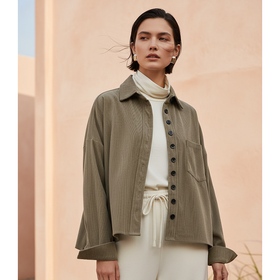 Famecoco范可儿文艺休闲落肩条绒衬衫宽松短款加厚上衣FAD8BH103