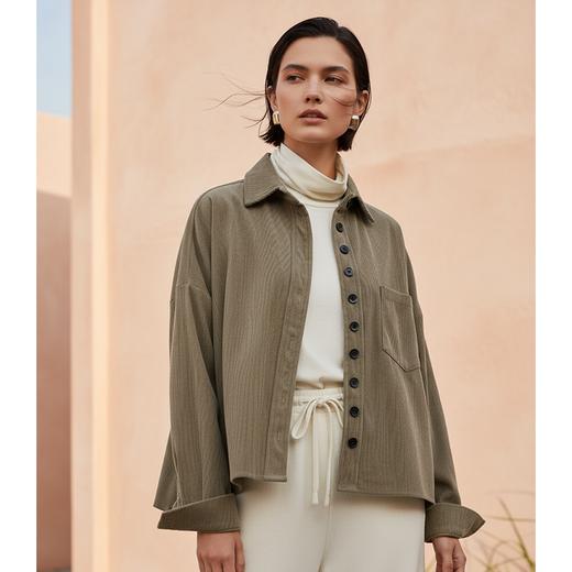 Famecoco范可儿文艺休闲落肩条绒衬衫宽松短款加厚上衣FAD8BH103 商品图0