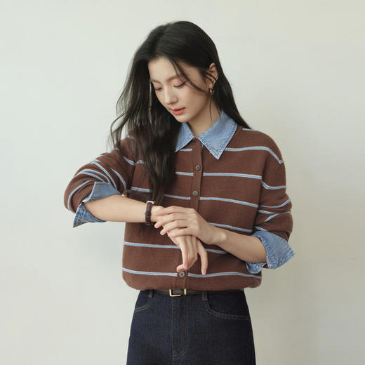 【严选】诗凡黎韩系撞色条纹针织开衫2026春新款宽松显瘦内搭软糯百搭毛衣7H1430431 商品图2