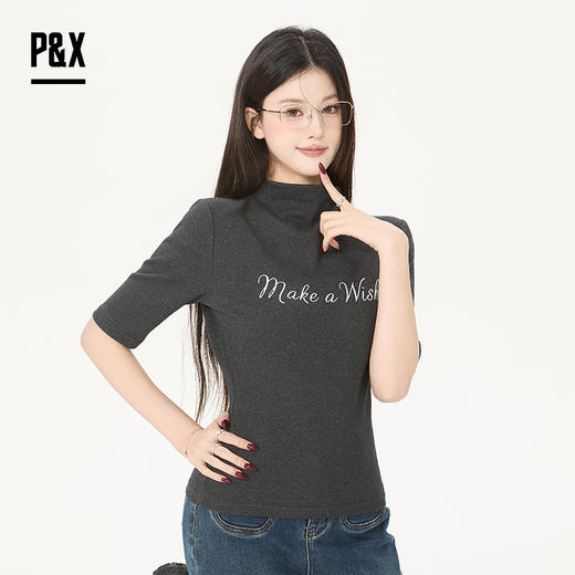 P&X设计师女装2026春季字母半高领半袖修身T恤 826102095 灰色 商品图3