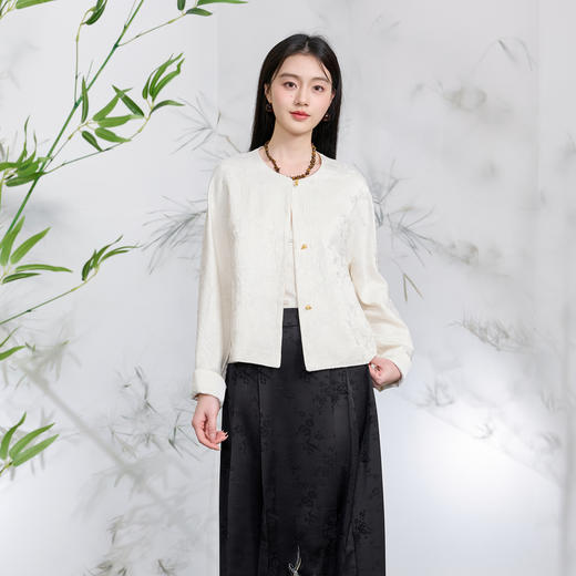 三彩【月下花影】2026春季新款新中式提花外套圆领开衫宽松C 商品图1