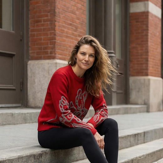 KINGDEER/KD新款女式时尚休闲羊绒衫 约330g L805575轻运动/花朵/休闲款100%山羊绒鹿王 红色 商品图3