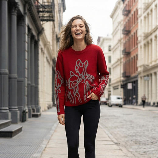 KINGDEER/KD新款女式时尚休闲羊绒衫 约330g L805575轻运动/花朵/休闲款100%山羊绒鹿王 红色 商品图10