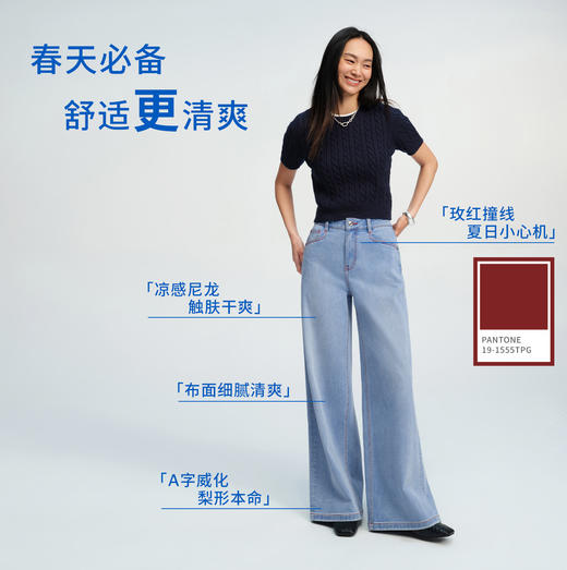 【威化裤】simplepieces春新款SPS牛仔女显瘦撞色线阔腿拖地裤 商品图3