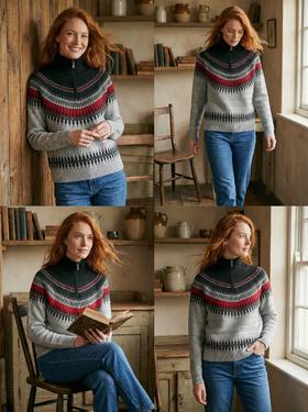 King Deer/鹿王秋冬新款女式长袖高领半拉链羊绒衫L805956复古奶奶风鹿王