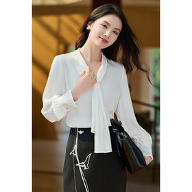细腻柔光缎面飘带衬衫  经典黑白杏三色 通勤配西装、约会配半裙、开会配西裤皆可！米思阳2026春新款设计感通勤V领飘带领衬衫女5305
