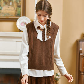 Famecoco范可儿针织背心长袖衬衫套装秋冬季文艺通勤蝴蝶系带领衬衣两件套FAB8EC022