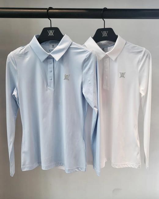 Anew家春夏新款女士网孔拼接修身长袖来了！市场最高品质❗这款polo衫比较繁琐，这种轻量弹力科技面料，背部中间客供原装印花织带直接织在网孔弹力面料上，面料薄且弹力大，难度系数极高，很考验工艺！ 商品图0