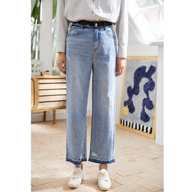 Famecoco范可儿直筒牛仔裤女士破洞宽松浅色长裤F205GA005
