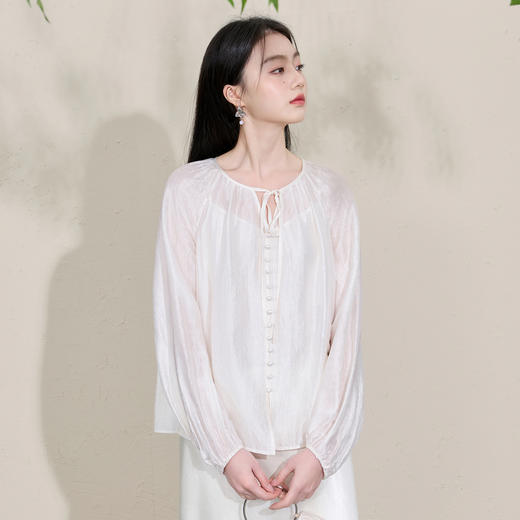 三彩【清风明月】2026春季新款新中式醋酸小衫系带宽松上衣C 商品图3