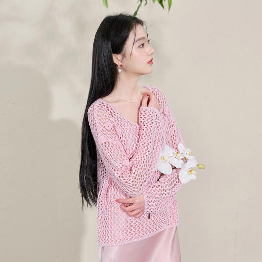 三彩【梦里浮花】2026春季新款新中式针织衫镂空花朵罩衫C 商品图3