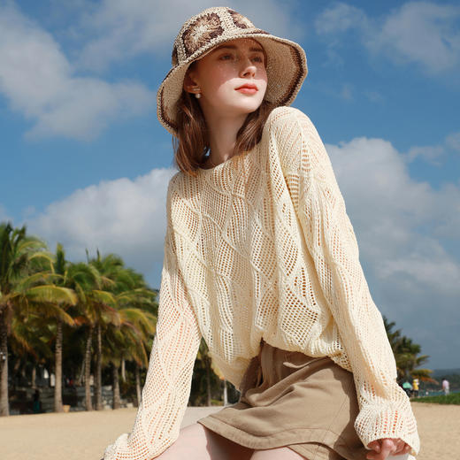 三彩2026春季新款镂空肌理针织衫微透罩衫套头轻薄毛衫慵懒度假M 商品图3