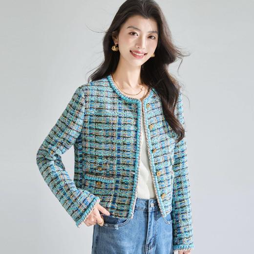 「高货sh」全新升级【铂金会员487/天猫659/差价172】(03701)洛诗琳重工孔雀蓝金丝珠片小香风外套2026春季新款气质粗花呢显瘦短外套 商品图1
