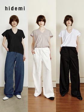 hidemi副线小h V领百搭小飞袖短袖T恤