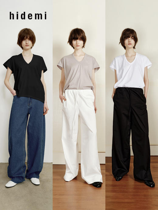 hidemi副线小h V领百搭小飞袖短袖T恤 商品图0
