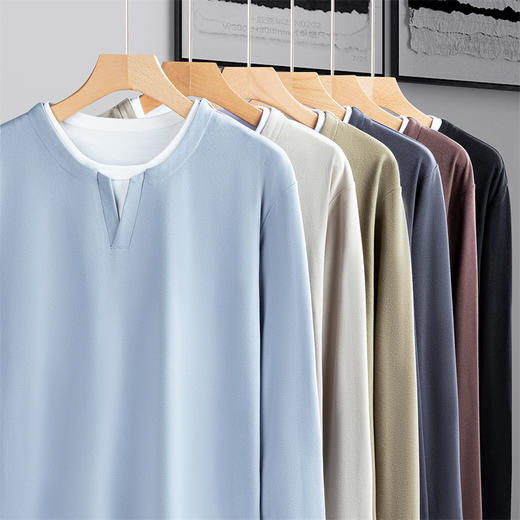 罗蒙男士春秋假两件长袖圆领T恤舒适时尚男长袖上衣通勤T恤 商品图1