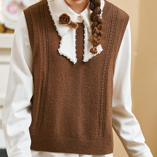 Famecoco范可儿针织背心长袖衬衫套装秋冬季文艺通勤蝴蝶系带领衬衣两件套FAB8EC022 商品图1