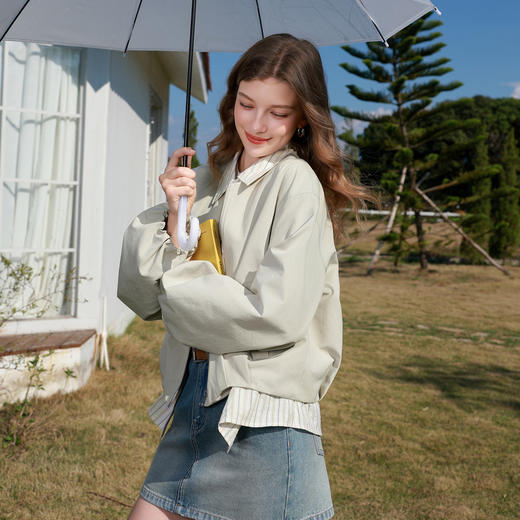 三彩2026春季新款假两件翻领夹克拉链开衫外套复古宽松休闲M 商品图2