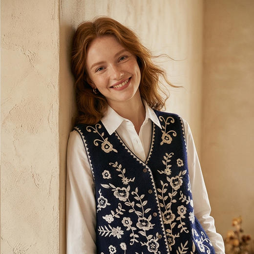 【咕咕同款】King Deer/鹿王秋季上新女式休闲百搭刺绣羊绒马甲L805804复古奶奶风鹿王 商品图5