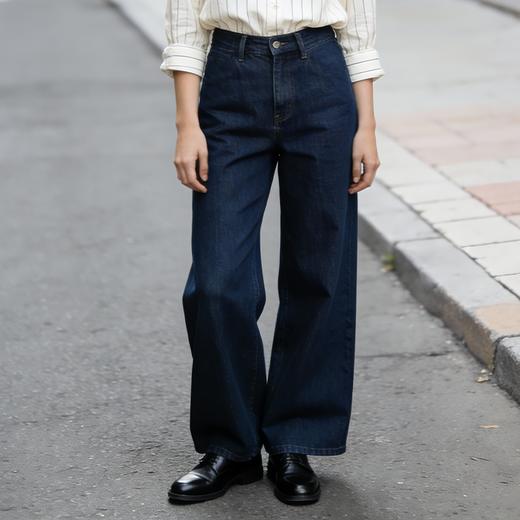Famecoco范可儿复古经典深蓝牛仔裤高腰显瘦直筒休闲裤FAD8GA118 商品图1