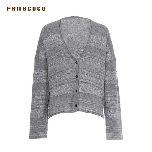 Famecoco范可儿宽松慵懒休闲针织开衫文艺提花V领毛衣外套FAC8DE003 商品图4