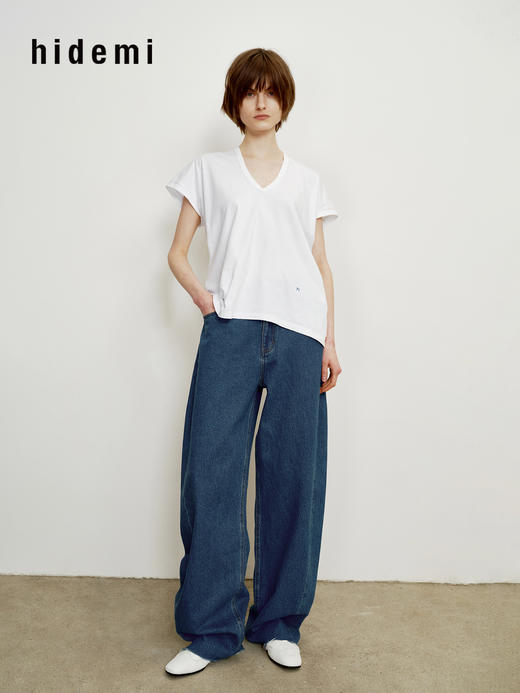 hidemi副线小h V领百搭小飞袖短袖T恤 商品图5