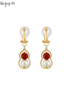 【天猫同款】葫芦-18k金南红钻石/akoya珍珠耳夹 5-7mm
