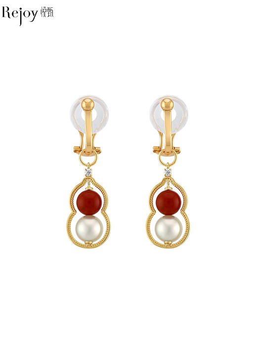 【天猫同款】葫芦-18k金南红钻石/akoya珍珠耳夹 5-7mm 商品图0