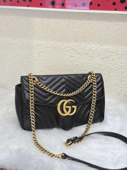 Gucci 双g 马蒙 中号 牛皮 黑金 斜挎包 商品图0