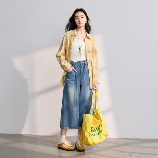 【莱赛尔】三彩2026春季新款格纹衬衫宽松中长衬衣开衫翻领复古M 商品图3