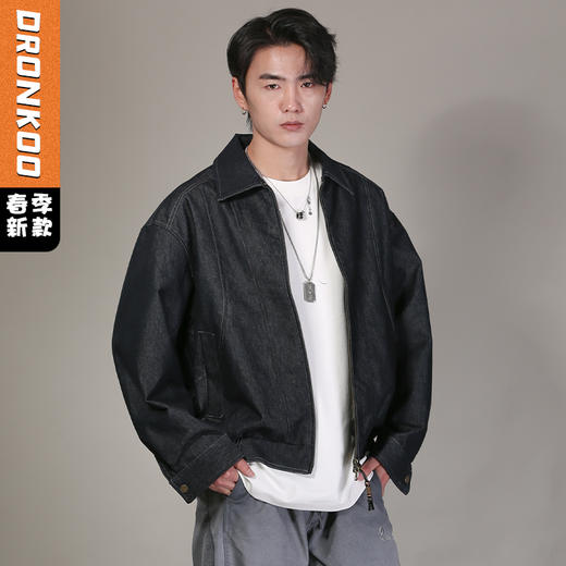 DRONKOO 2026 翻领拉链钉珠装饰明线普洗牛仔中厚夹克 商品图0