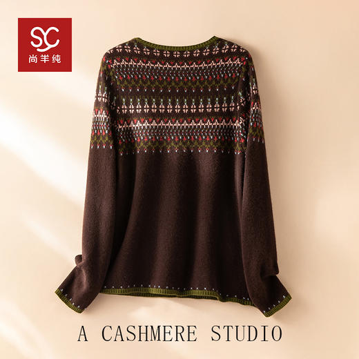 100%Baby小山羊绒~咖色费尔岛提花圆领羊绒开衫BABY250283 商品图2
