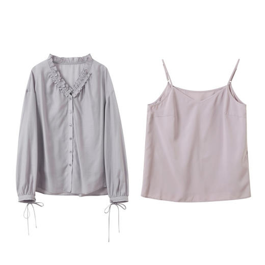 【醋酸】三彩独醒2026春季新款木耳边衬衫V领衬衣吊带两件套宽松F 商品图4