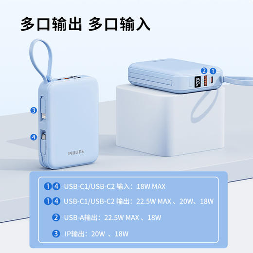 飞利浦PHILIPS移动电源【3C认证】2万毫安小巧便携自带双线22.5W超级快充便携20000毫安 充电宝适用苹果安卓可上飞机 DLP2226B 商品图7