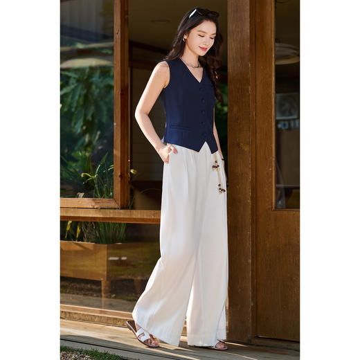 【藏青色预售10天】米思阳2026春新款老钱风松弛感仿亚麻时尚百搭绳结高腰阔腿裤休闲裤长款裤子女6073 商品图4