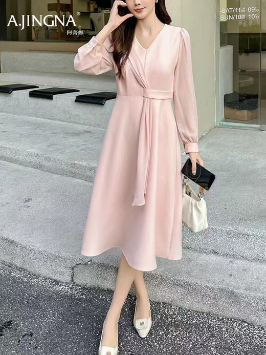 【V领收腰】阿菁娜春季新款气质连衣裙温柔风V领收腰设计微泡袖A字裙摆打造三七分比例F31C212003 商品图2
