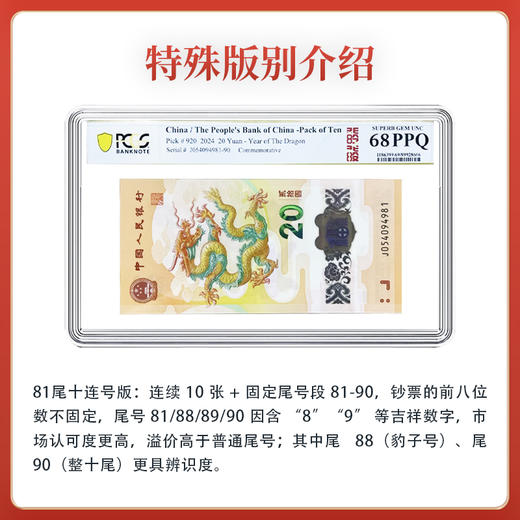 2024年龙年生肖纪念钞81尾十连号PCGS评级PPQ68 银行正品 商品图2