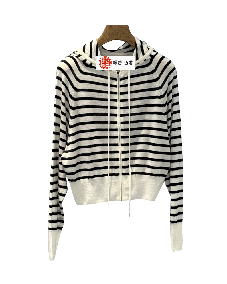 女款条纹连帽羊绒针织开衫he010