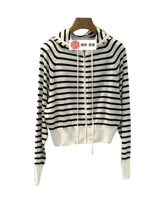 女款条纹连帽羊绒针织开衫he010 商品图0