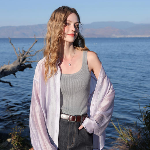 【醋酸】三彩2026春季新款宽松中长款衬衫轻薄小衫开衫翻领M 商品图2