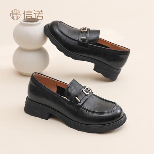 英伦风黑色乐福鞋女粗跟金属扣一脚蹬百搭单鞋X6C092-49 商品图1