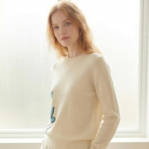 KINGDEER/KD百搭圆领常规大花保暖毛衣休闲套衫羊绒衫L805626温婉奶油款鹿王 商品图5